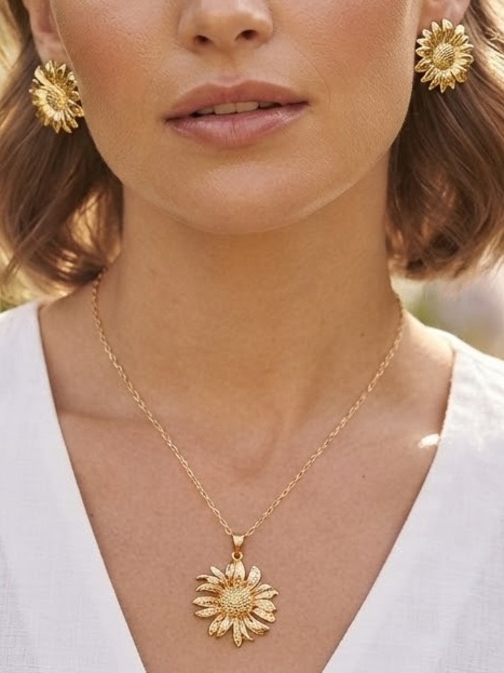 Gold Floral Necklace and Earrings Set -stainless steel